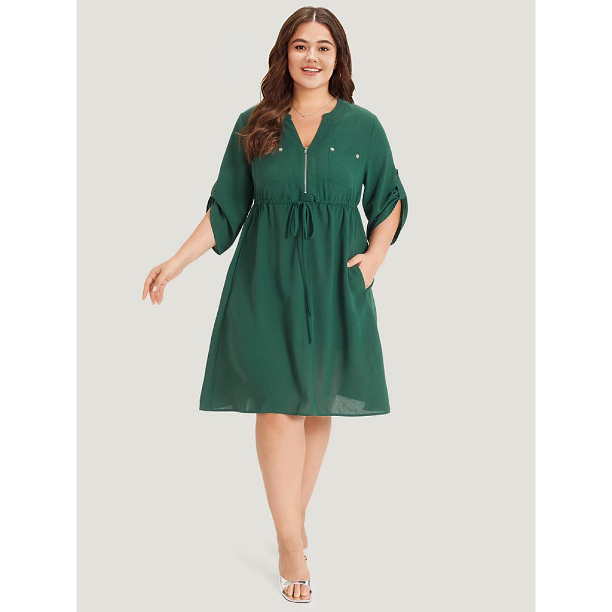 Plus Size Plain Drawstring Pocket Zipper Notched Gathered Tab Sleeve Dress Green Women Office Zipper Notched collar Half Sleeve Curvy Knee Dress BloomChic 18-20/2X Product Image