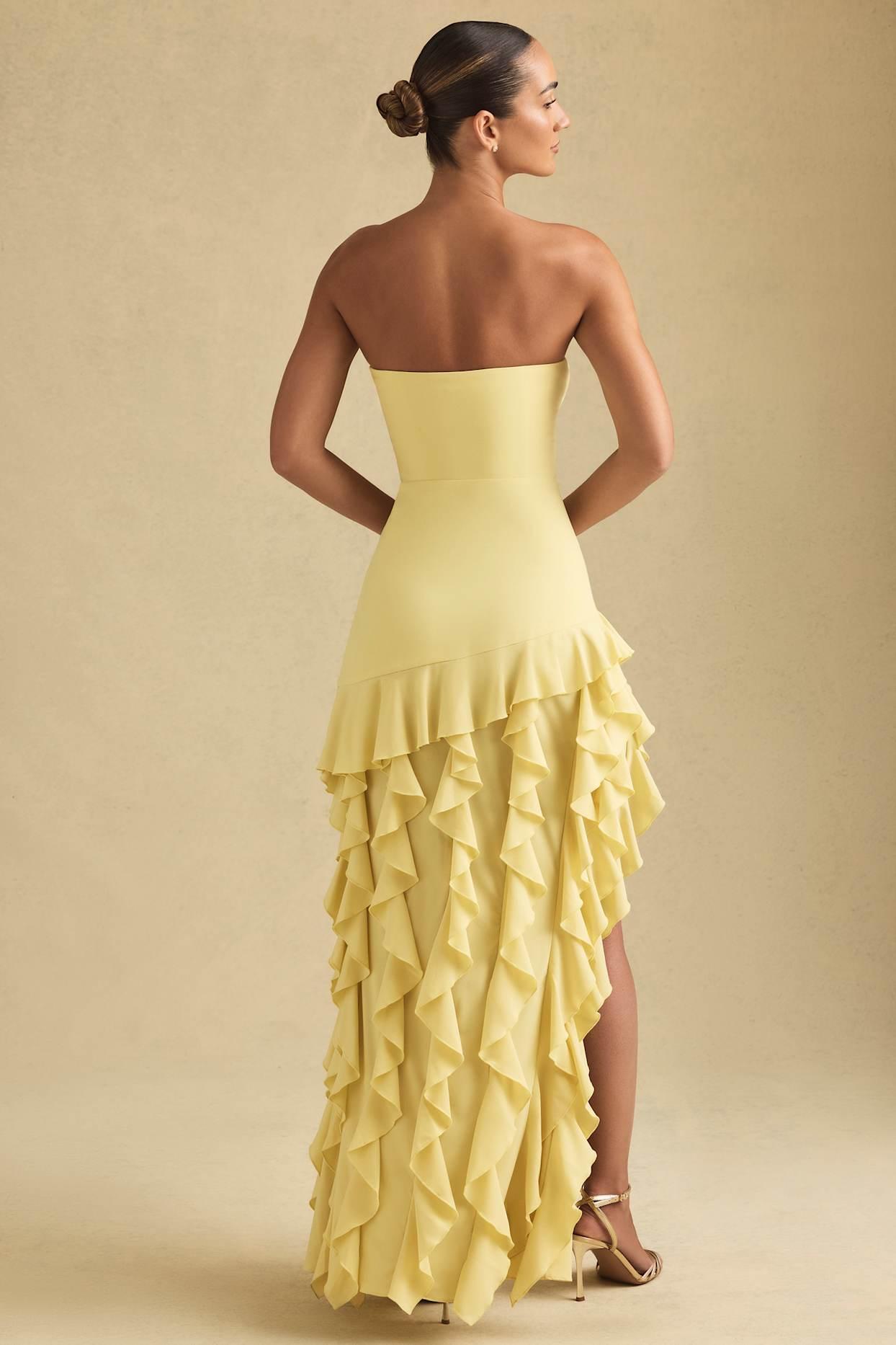Ruffle-Trim Strapless Gown in Pastel Yellow Product Image