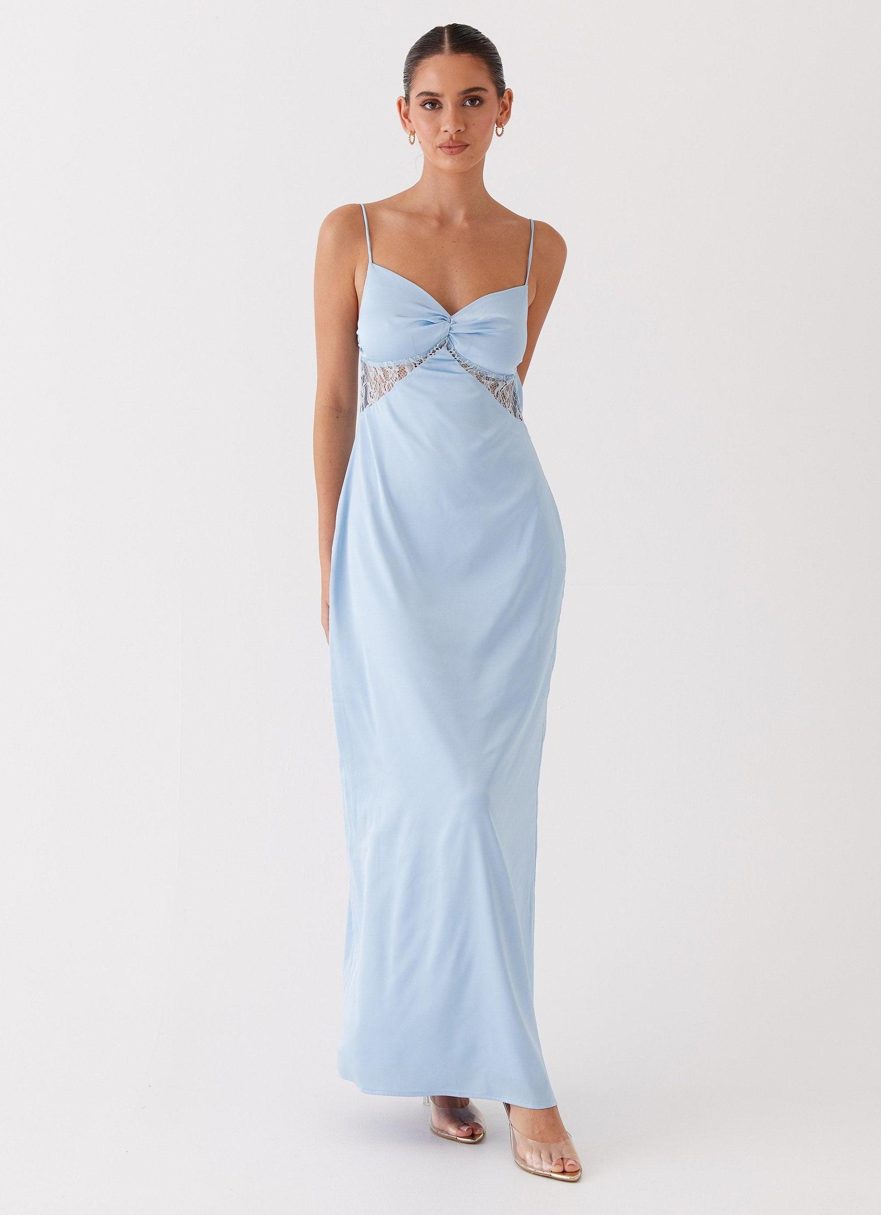 Dream Sight Lace Satin Maxi Dress - Ice Blue Product Image