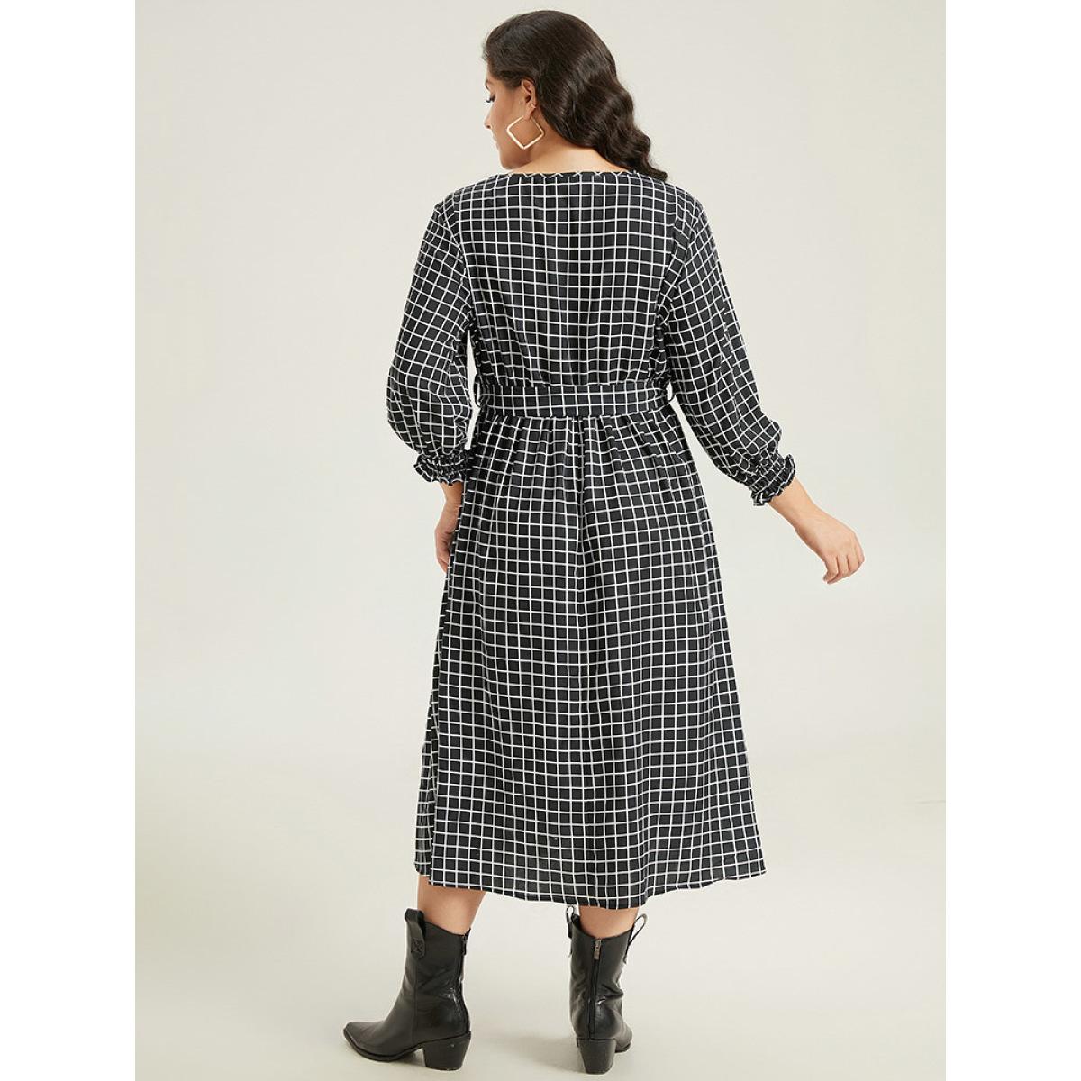 Plus Size Gingham Button Detail Pocket Lantern Sleeve Dress Black Women At the Office Belted V-neck Long Sleeve Curvy Midi Dress BloomChic 30/6X Product Image