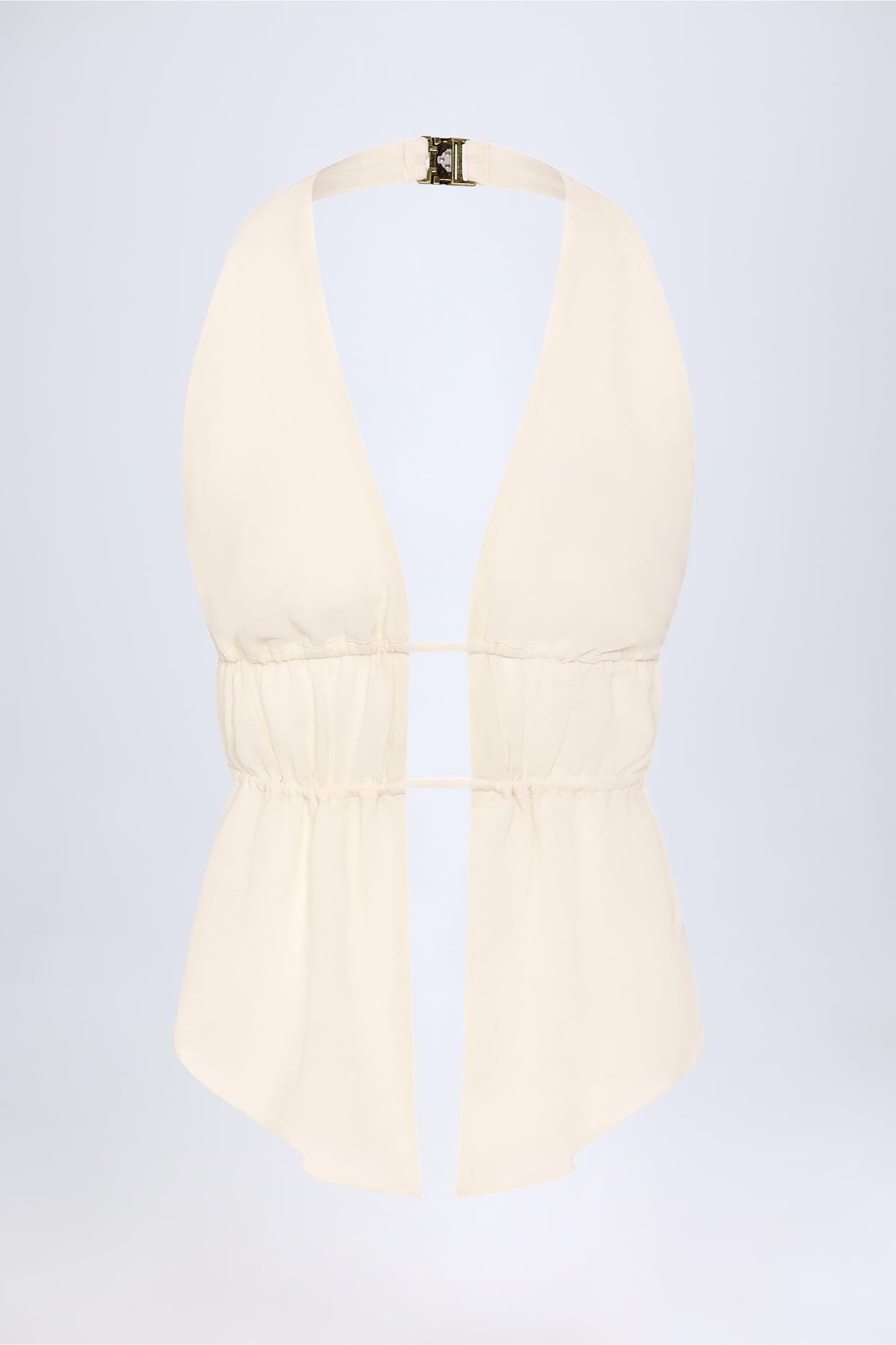 Cut-Out Semi-Sheer Ruched Halterneck Crop Top in Ivory Product Image