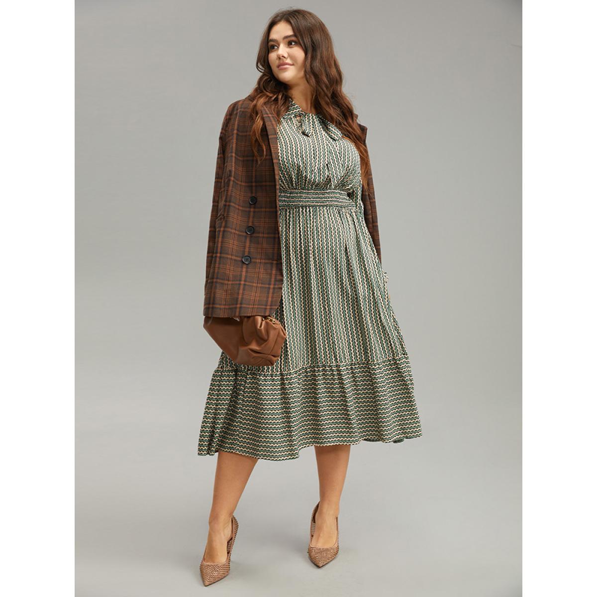 Plus Size Striped Geometric Bowknot Keyhole Shirred Dress Mint Women Work From Home Cross straps Shirt collar Long Sleeve Curvy Midi Dress BloomChic 26/4X Product Image