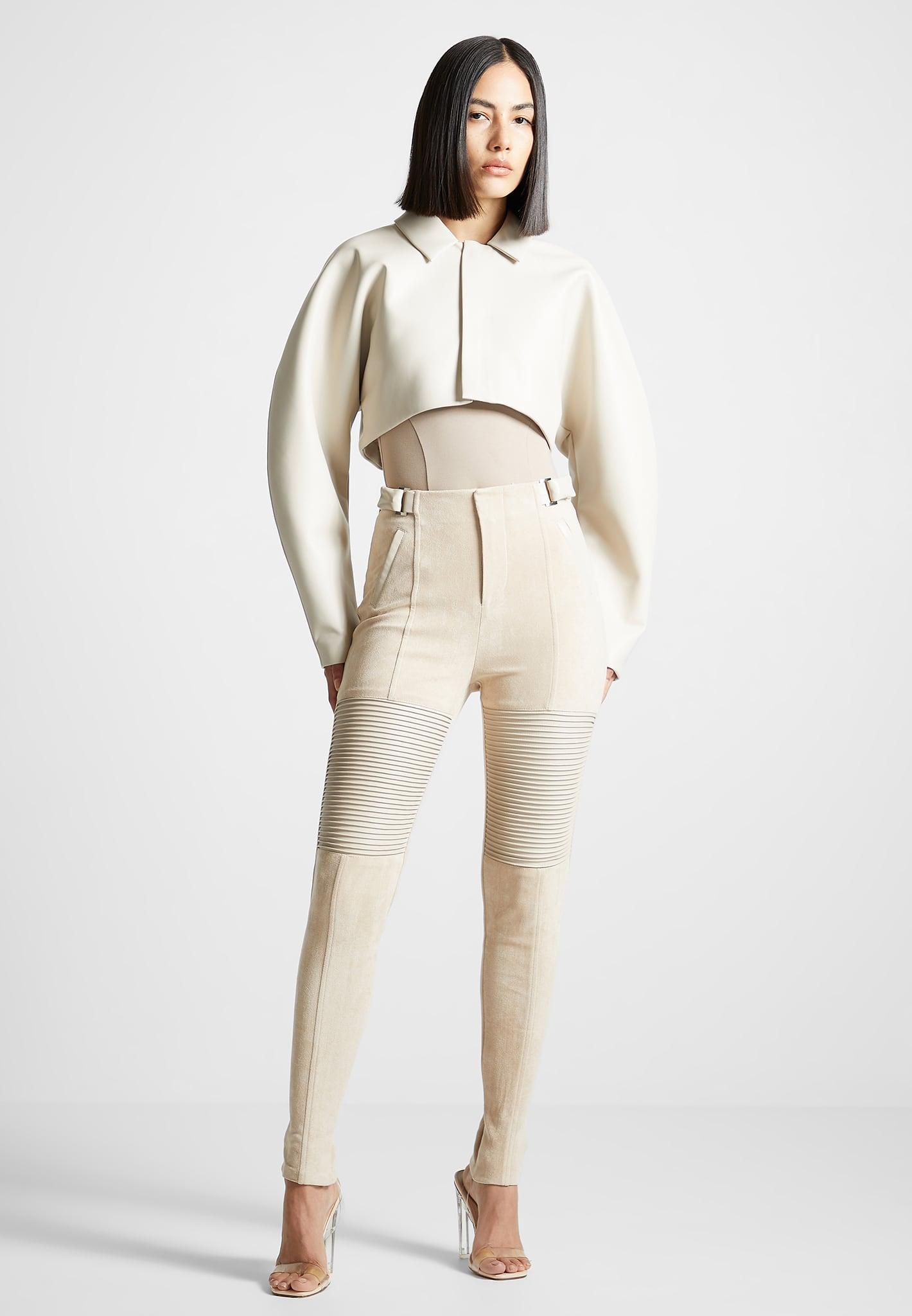 Leather and Suede Ribbed Leggings - Beige Female Product Image