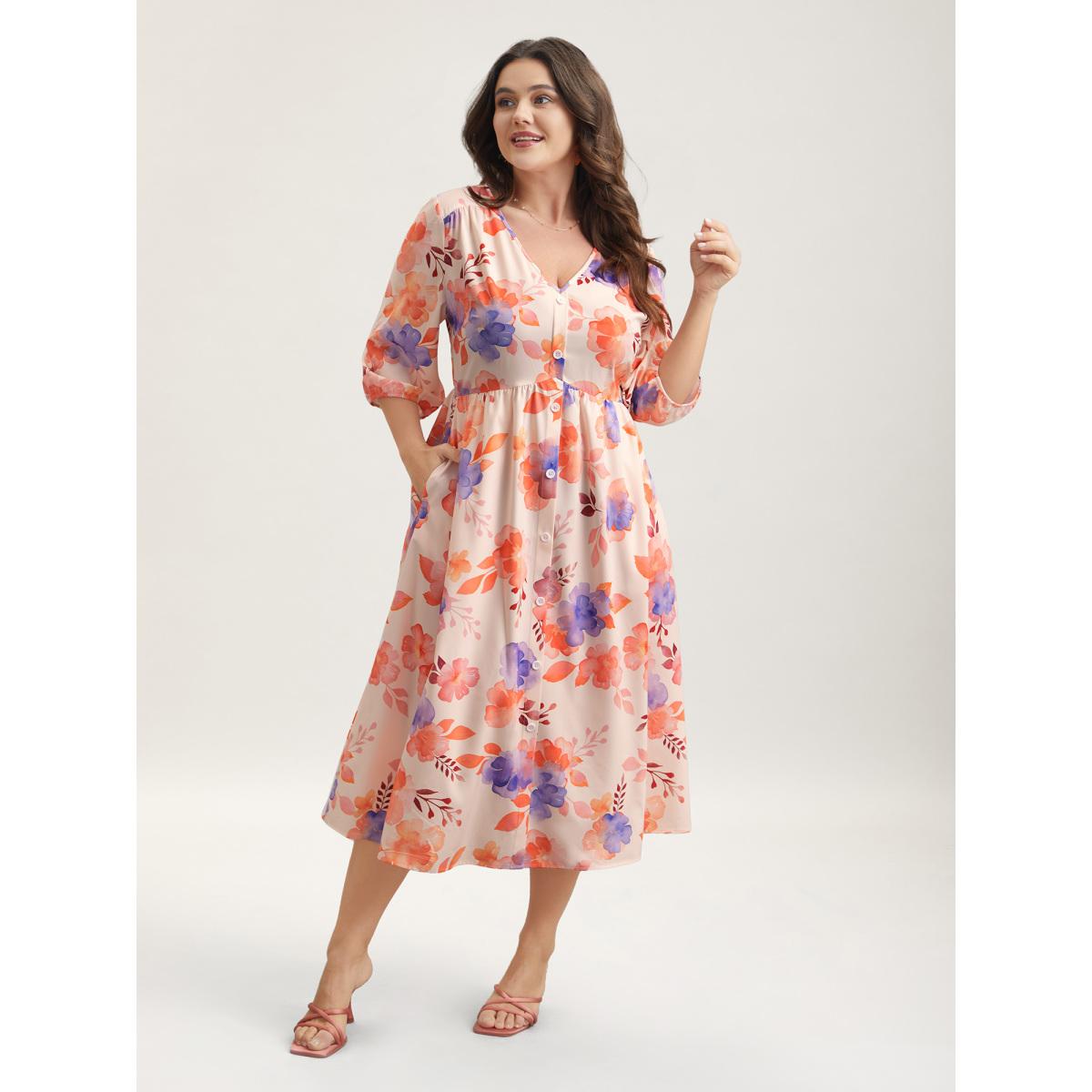 Plus Size Floral Fusion Front-Placket Midi Dress Blush Women Elegant Button V-neck Elbow-length sleeve Curvy BloomChic 22-24/3X Product Image