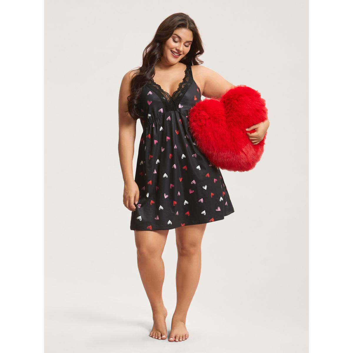 Plus Size Multi-Color Lace Trim Stitch Lounge Dress Women Black Lounge Woven ribbon&lace trim Deep V-neck Loungewear BloomChic 26/4X Product Image