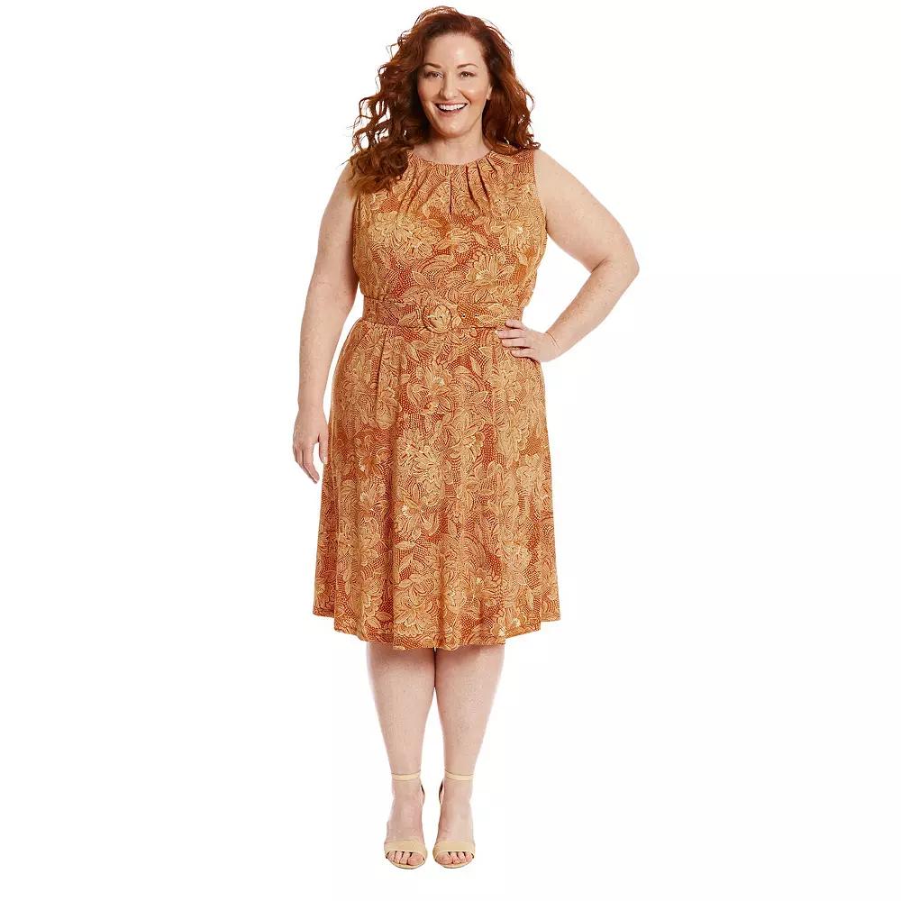 Plus Size London Times Flower Print Keyhole Neckline Belted Midi Dress, Women's, Size: 14 W, Gold Creme Product Image