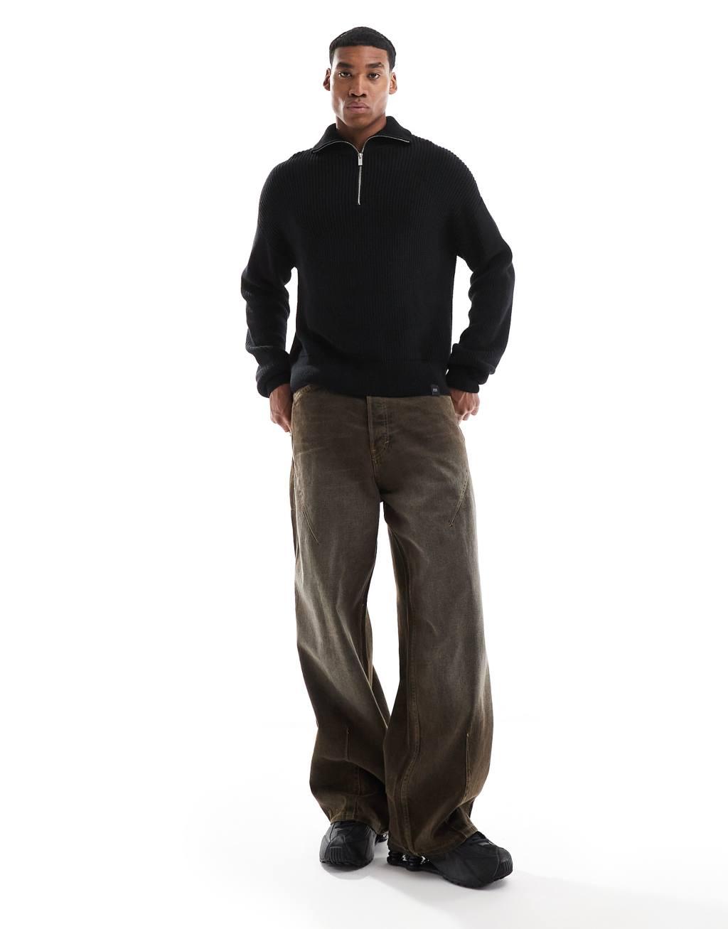 Pull&Bear 1/4 zip knitted sweater in black Product Image