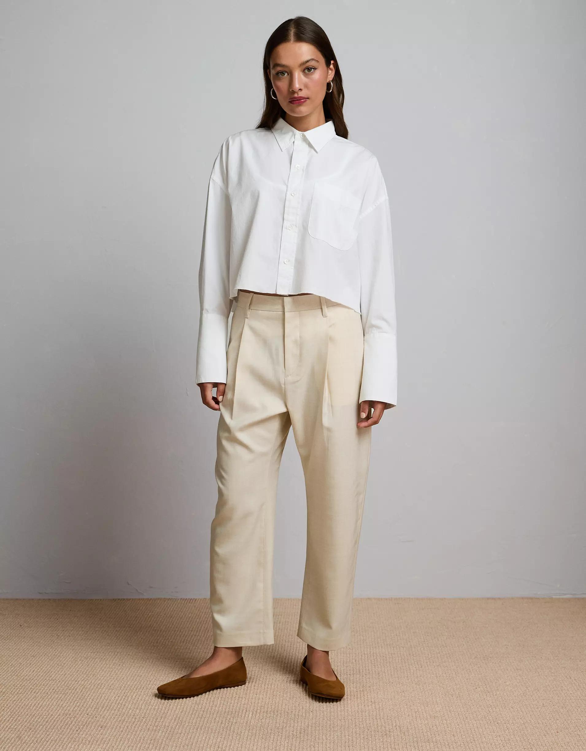 AE77 Premium Long-Sleeve Boxy Crop Tuxedo Shirt Product Image