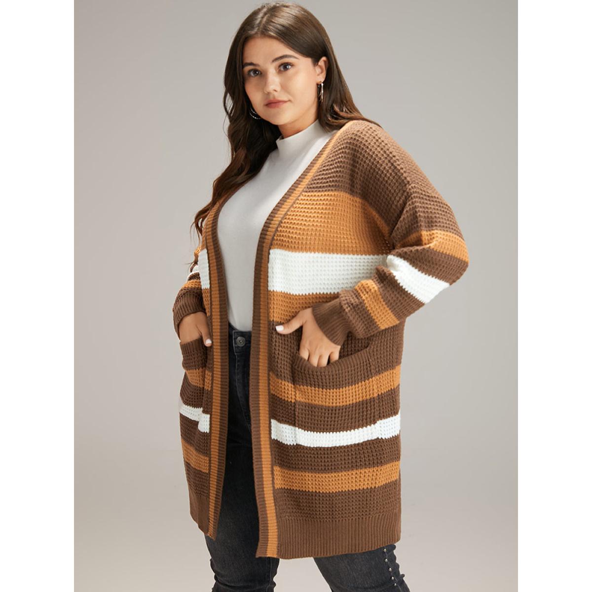 Plus Size Contrast Open Front Patched Pocket Tunic Cardigan Multicolor Women Casual Loose Long Sleeve Dailywear Cardigans BloomChic 26/4X Product Image