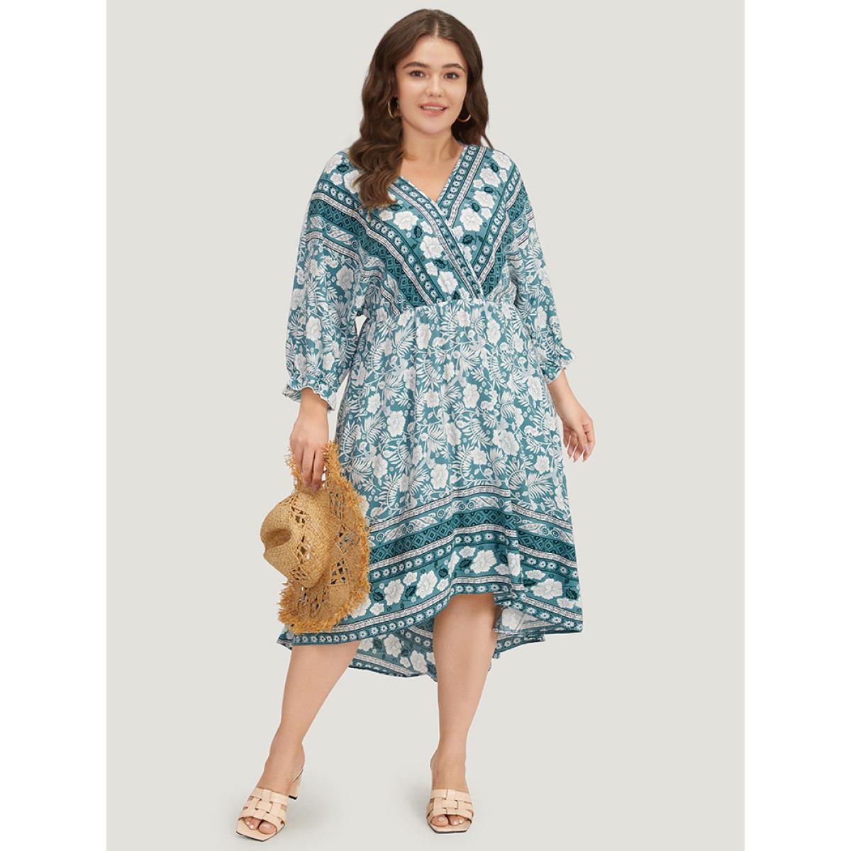 Plus Size Floral Print Pocket Surplice Neck Ruffle Trim Dress Turquoise Women Vacation Elastic cuffs V-neck Elbow-length sleeve Curvy Midi Dress BloomChic 14-16/1X Product Image