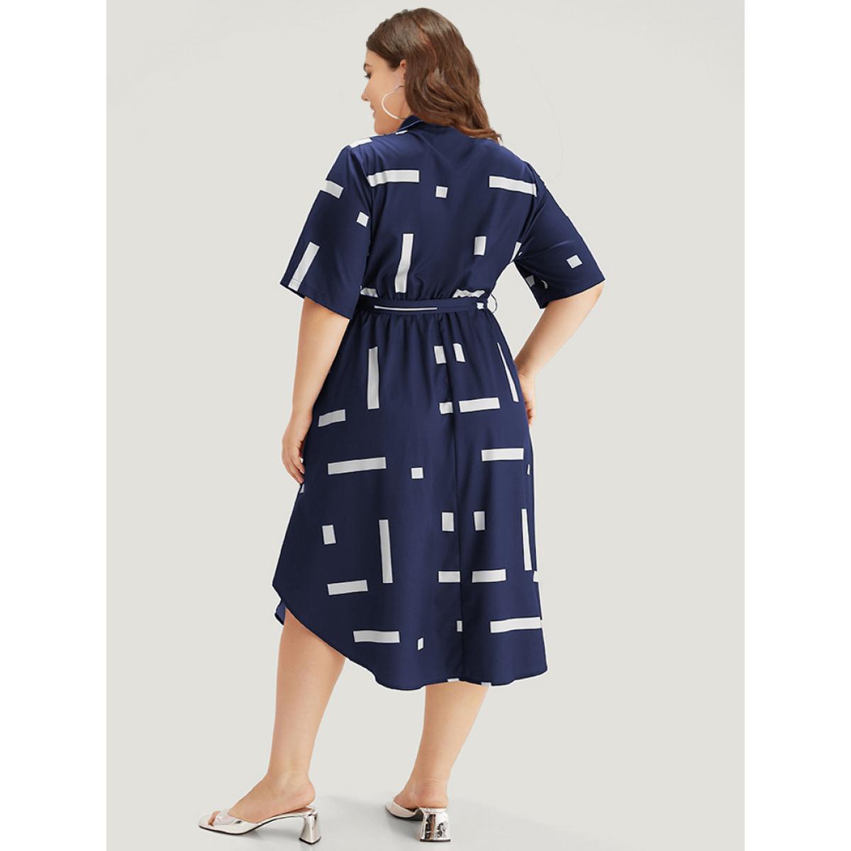 Plus Size Geometric Print Shirt Collar Button Up Belted Dress Navy Women Office Belted Shirt collar Short sleeve Curvy Midi Dress BloomChic 28/5X Product Image