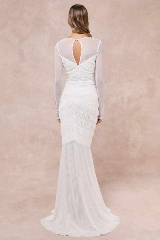 Romantic Heights White Mesh Ruched Long Sleeve Maxi Dress Product Image