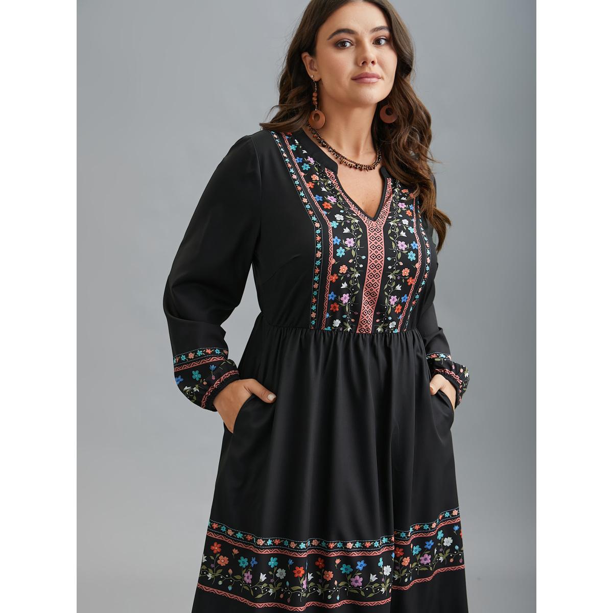 Plus Size Notched Collar Boho Print Midi Dress Black Women Resort Non Notched collar Long Sleeve Curvy BloomChic 14-16/1X Product Image