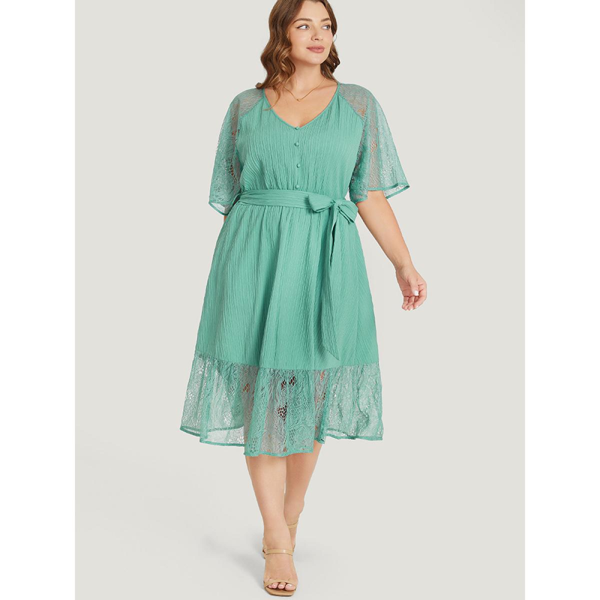 Plus Size Plain Pocket Lace Raglan Sleeve Ruffle Belted Plisse Dress Mint Women Office Plain V-neck Short sleeve Curvy Midi Dress BloomChic 14-16/1X Product Image