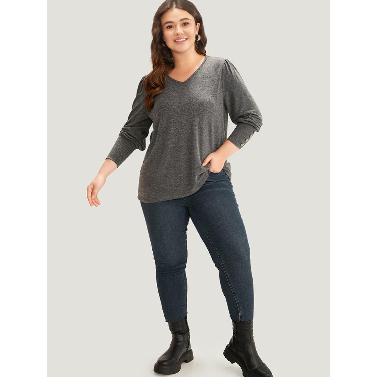 Plus Size Plain Heather Elastic Cuffs Button Detail T-shirt Gray Women Casual Elastic cuffs Plain V-neck Dailywear T-shirts BloomChic 12/L Product Image