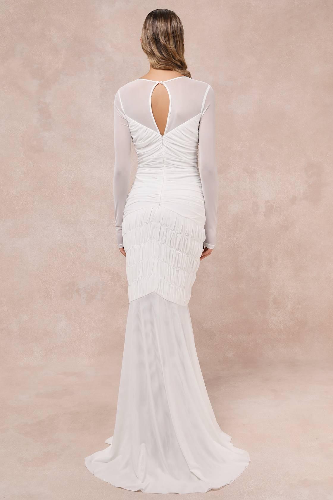 Romantic Heights White Mesh Ruched Long Sleeve Maxi Dress Product Image
