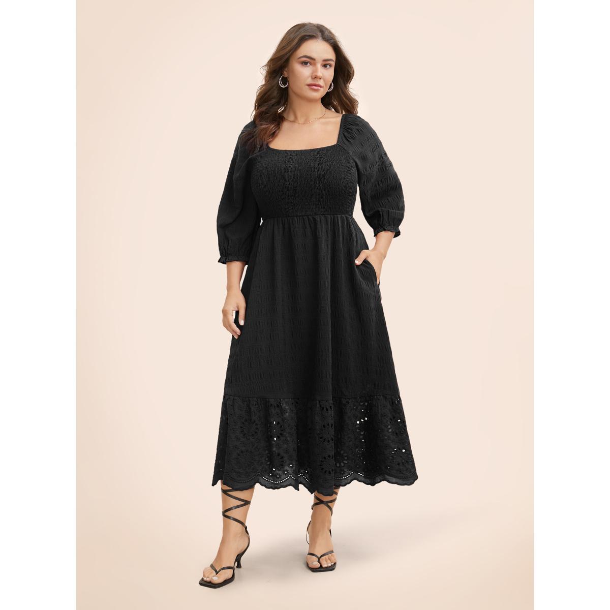 Plus Size Square Neck Broderie Anglaise Patchwork Shirred Dress Black Women Elegant Woven ribbon&lace trim Square Neck Elbow-length sleeve Curvy BloomChic 10/M Product Image