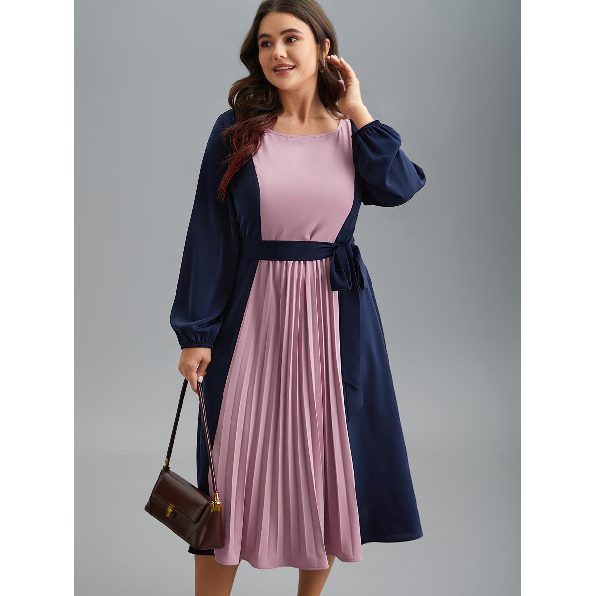 Plus Size Color-Block Stretchy Waist-Cinched Pockets Dress Indigo Women At the Office Belted Boat Neck Long Sleeve Curvy BloomChic 10/M Product Image