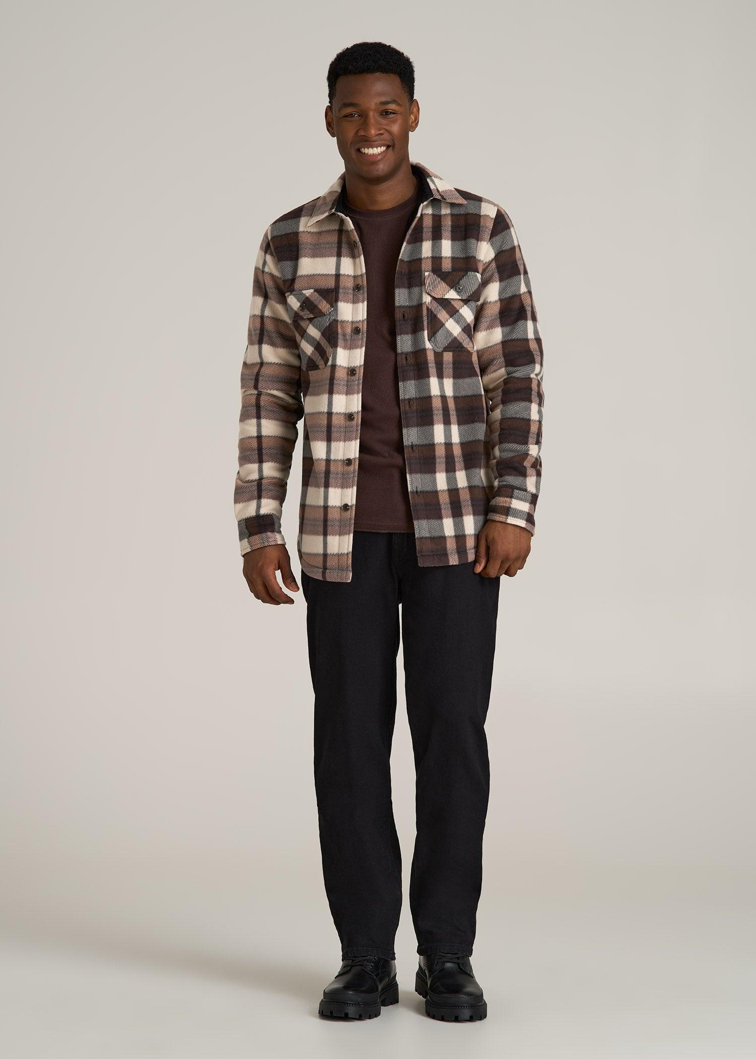 Sherpa-Lined Fleece Overshirt for Tall Men in Beige Tartan Male Product Image