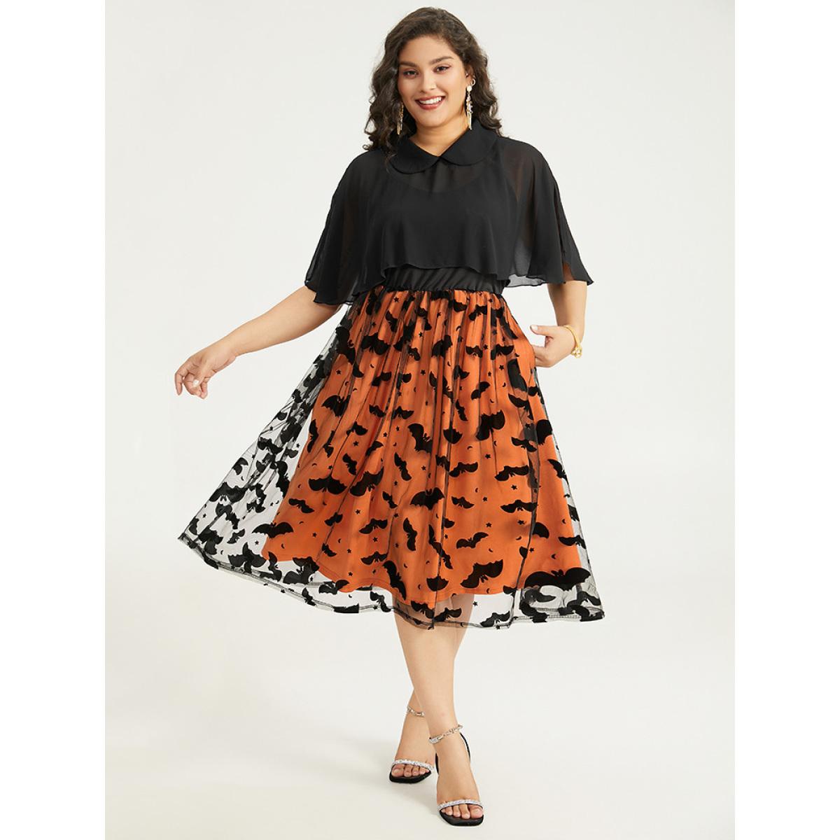 Plus Size Halloween Bat print Tiered Patchwork Dress Black Women Elegant Adjustable Straps Lapel Collar Sleeveless Curvy Midi Dress BloomChic 22-24/3X Product Image