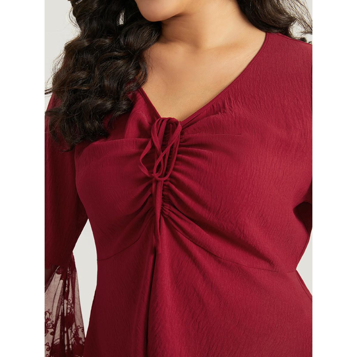 Plus Size Scarlet Halloween Solid Mesh Bell Sleeve Ruched Bowknot Blouse Women Elegant Long Sleeve V-neck Festival-Halloween Blouses BloomChic 28/5X Product Image