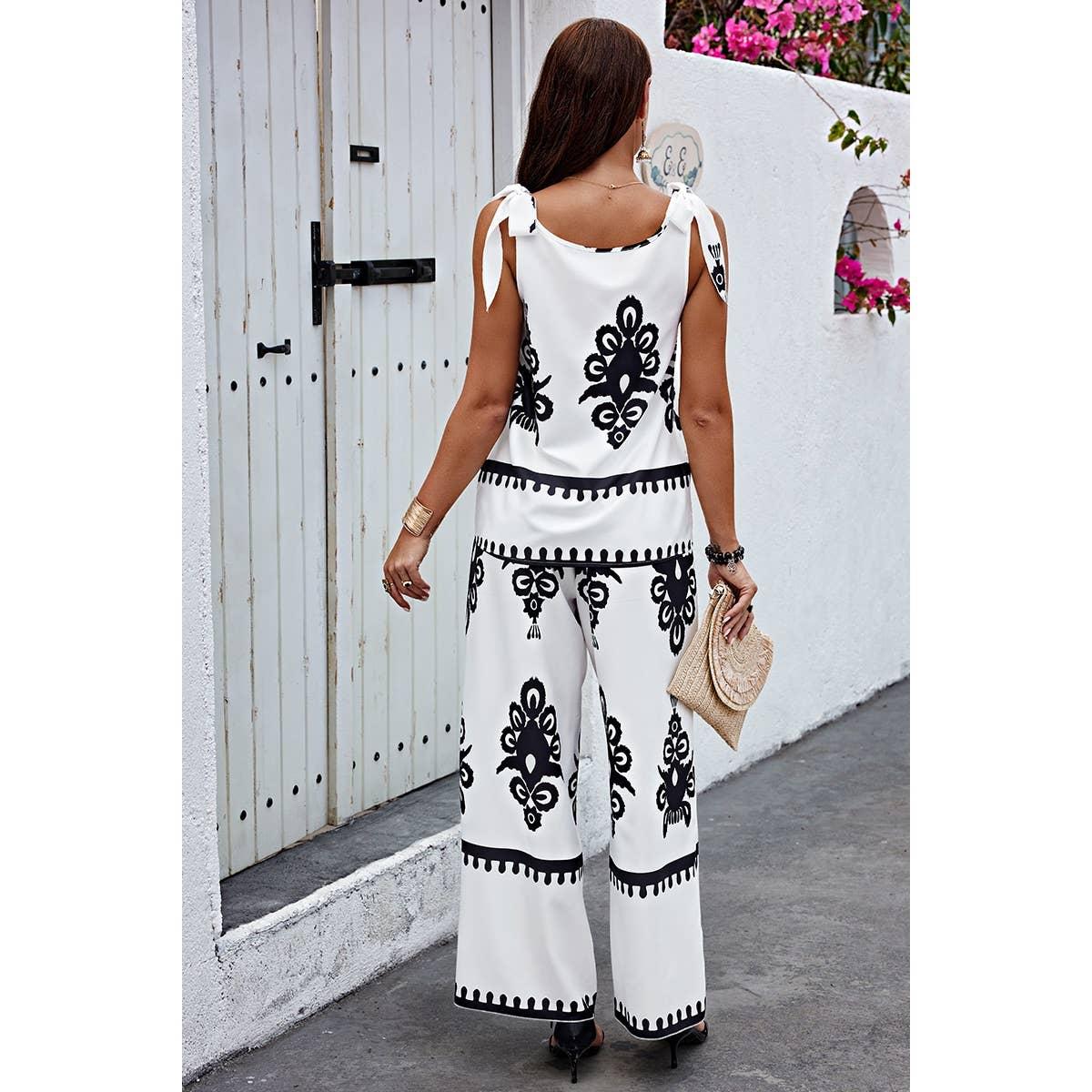 Floral Knot Shoulder Sleeveless Elastic Waist Sets Product Image