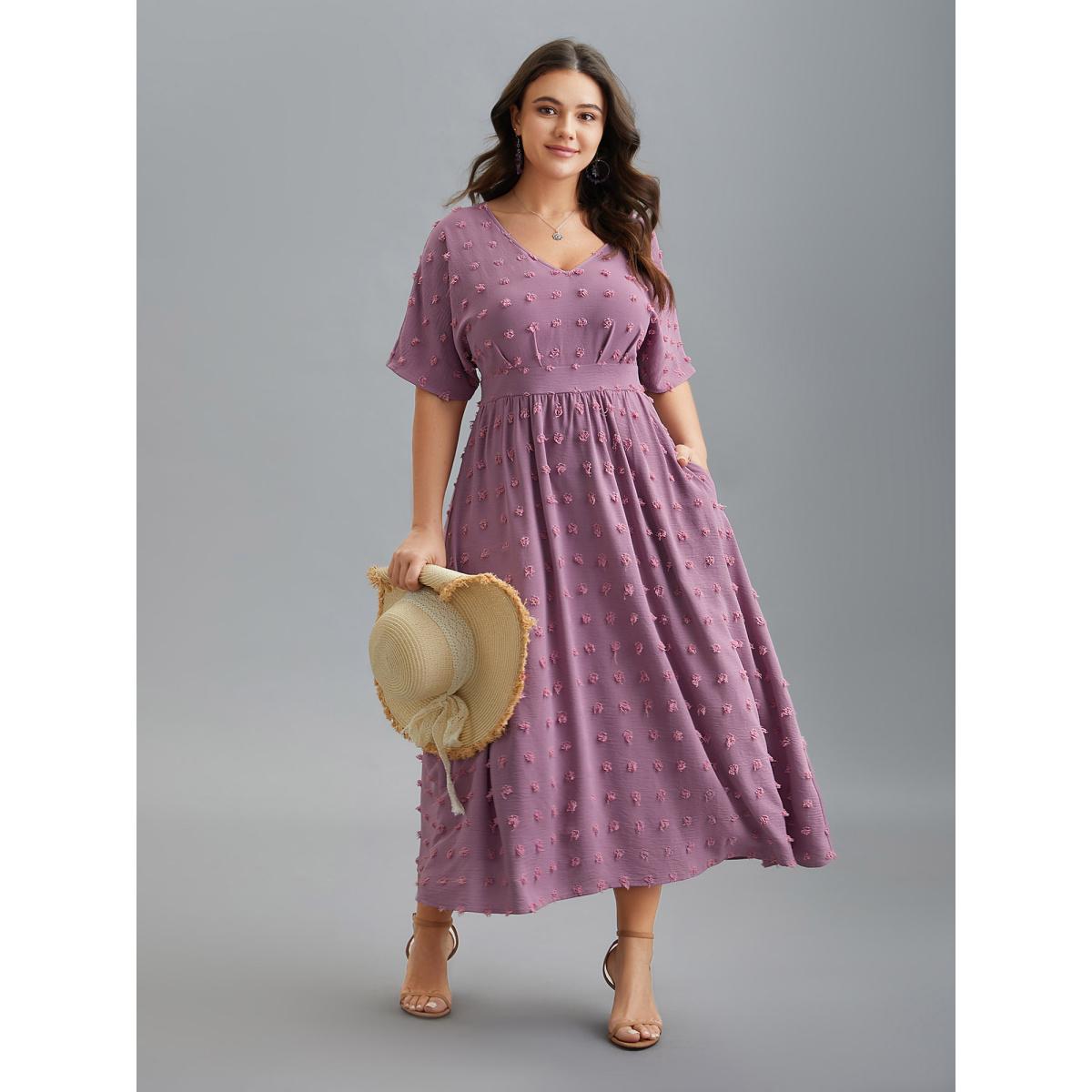 Plus Size V-Neck Textured Batwing Sleeve Midi Dress Lilac Women Resort Texture V-neck Half Sleeve Curvy BloomChic 14-16/1X Product Image
