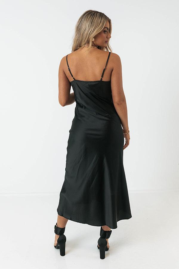 Classy And Confident Satin Midi In Black Product Image