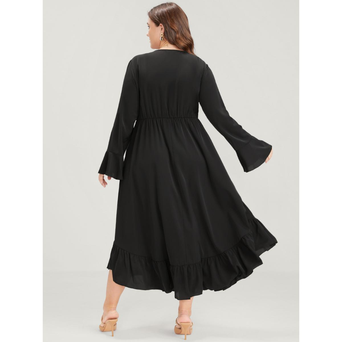 Plus Size Solid Bell Sleeve Pocket Knotted Neck Arc Hem Dress Black Women Elegant Cross straps V-neck Long Sleeve Curvy Long Dress BloomChic 26/4X Product Image
