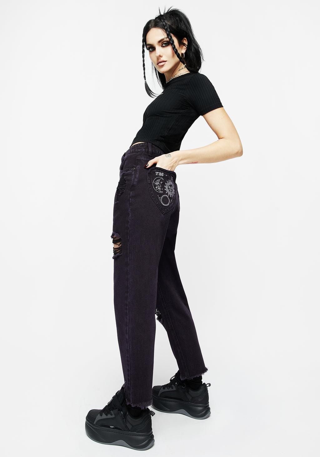 Planchette Embroidered Distressed Denim Mom Jeans Product Image