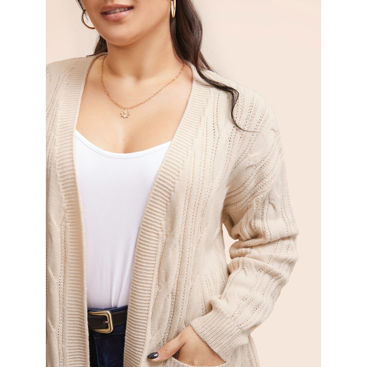 Plus Size Cable Knit Drop Shoulder Patch Pocket Cardigan Apricot Women Casual Loose Long Sleeve Everyday Cardigans BloomChic 10/M Product Image