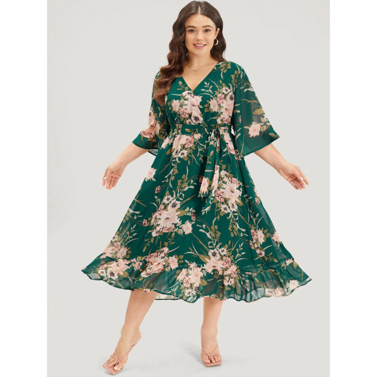 Plus Size Floral Print Surplice Neck Belted Dress DarkGreen Women Elegant Lined V-neck Elbow-length sleeve Curvy Midi Dress BloomChic 22-24/3X Product Image