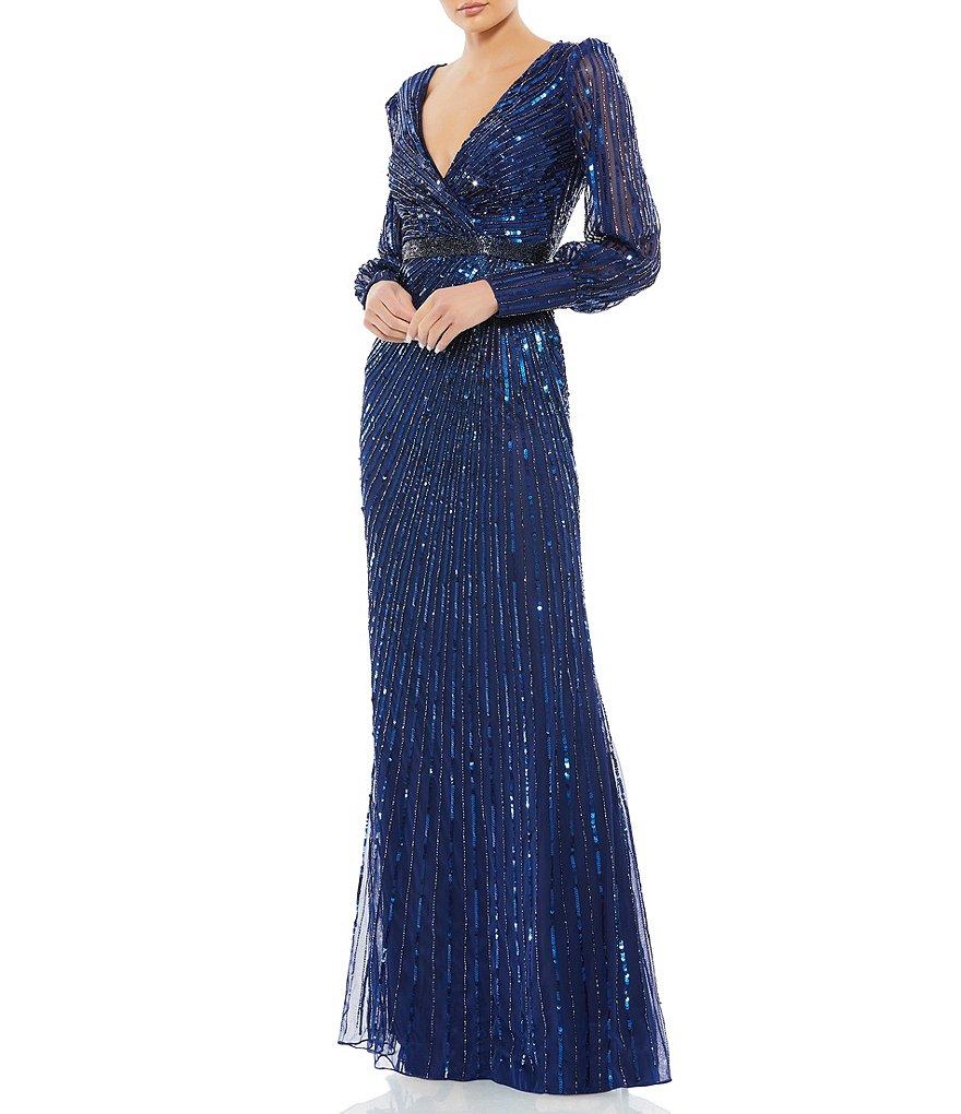 Mac Duggal Sequin Surplice V-Neck Long Bishop Sleeve Wrap Over Gown Product Image