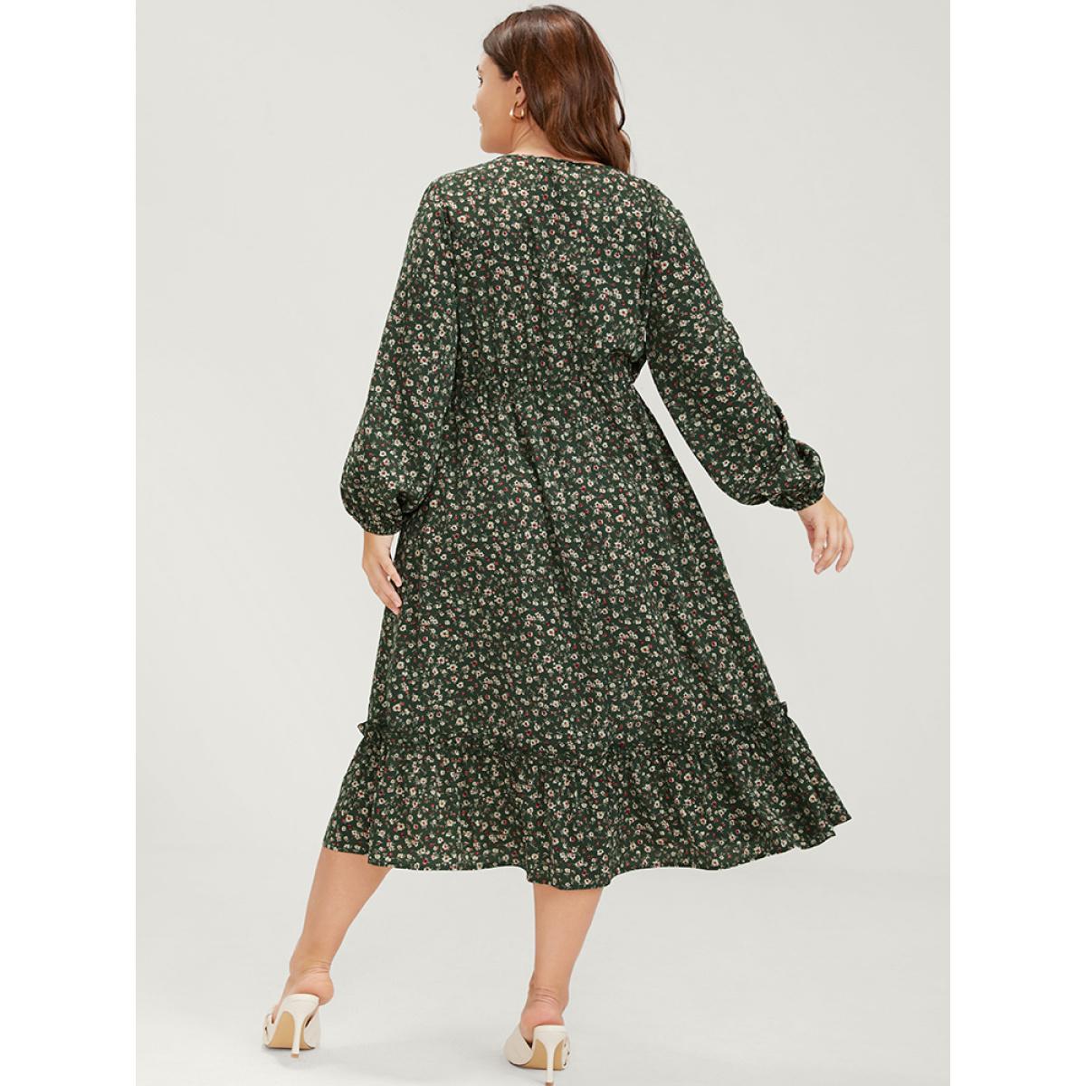 Plus Size Ditsy Floral Pocket Puff Sleeve Fake Button Ruffles Hem Dress Green Women Elegant Button V-neck Long Sleeve Curvy Midi Dress BloomChic 22-24/3X Product Image