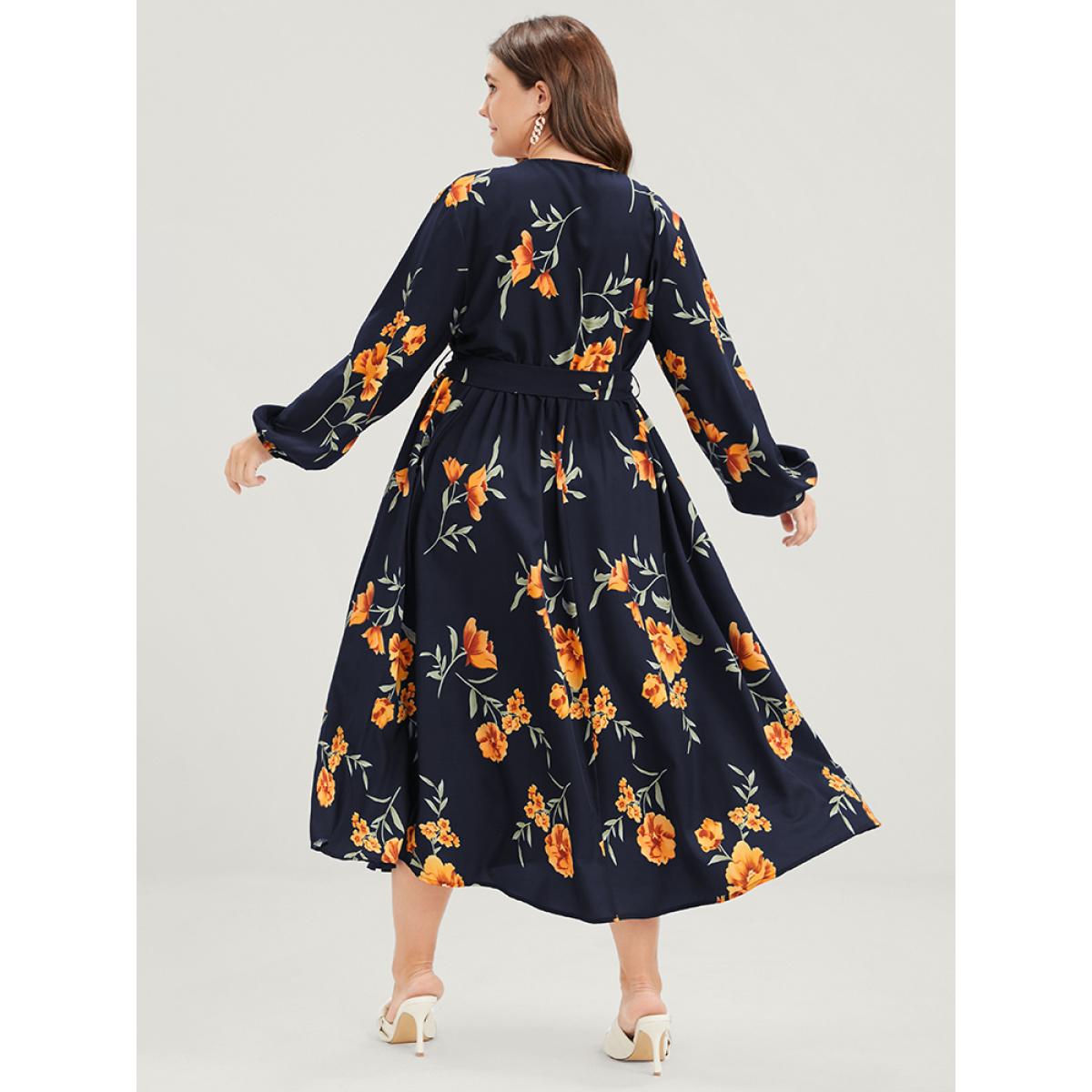 Plus Size Floral Pocket Lantern Sleeve Flutter Split Hem Ties Wrap Dress DarkBlue Women Elegant Cross straps V-neck Long Sleeve Curvy Midi Dress BloomChic 14-16/1X Product Image