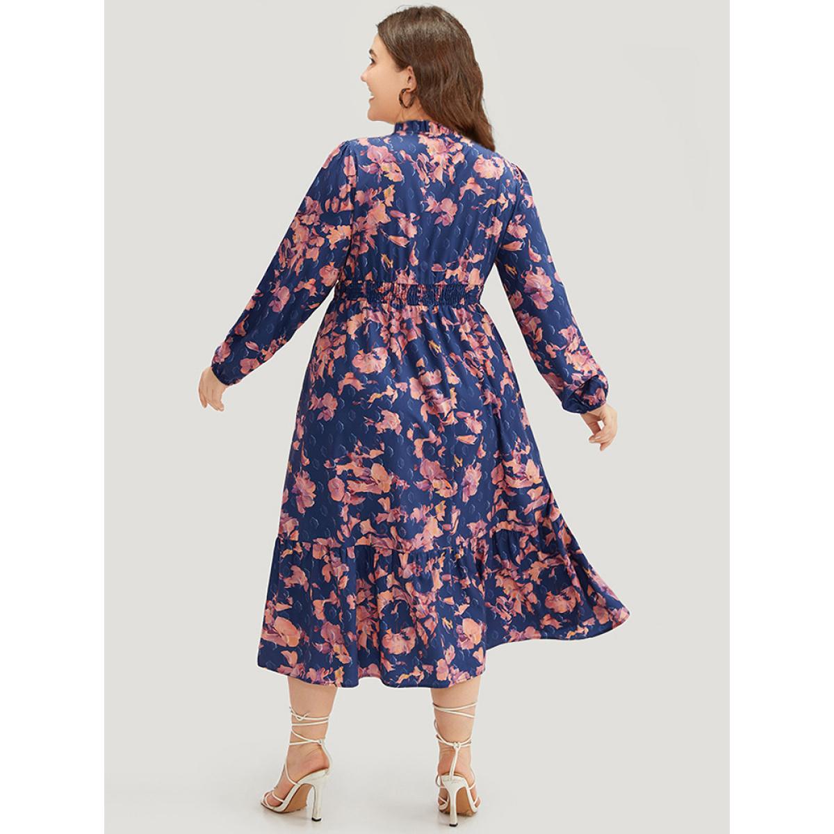 Plus Size Floral Print Shirred Frill Trim Ties Dress DarkBlue Women Elegant Elastic cuffs Tie Neck Long Sleeve Curvy Midi Dress BloomChic 10/M Product Image