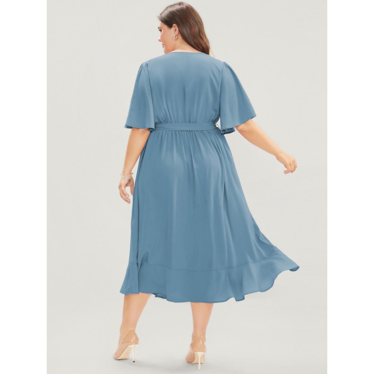 Plus Size Solid Keyhole Round Neck Pocket Belted Flutter Dress Stone Women Office Belted Round Neck Half Sleeve Curvy Midi Dress BloomChic 12/L Product Image