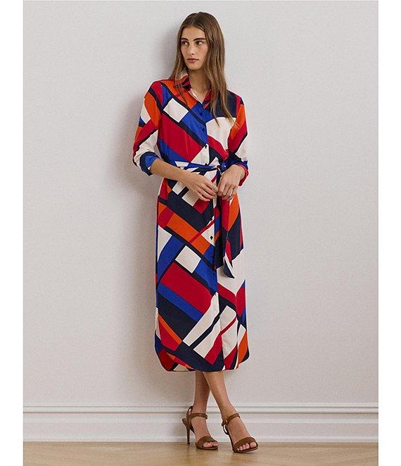 Lauren Ralph Lauren Crepe de Chine Printed Point Collar Long Sleeve Button-Front Self-Tie Waist Midi Shirtdress Product Image
