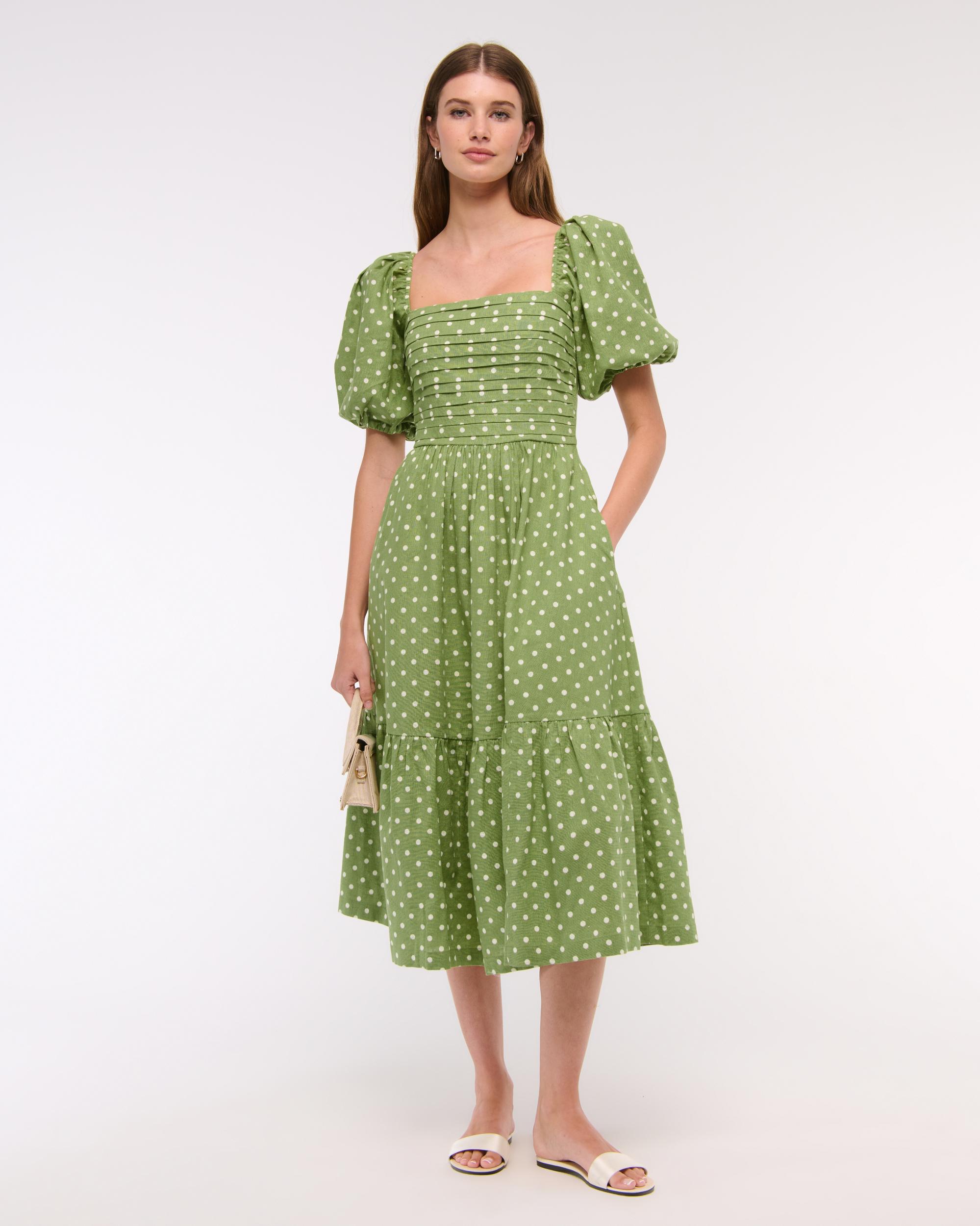 The A&F Emerson Linen-Blend Puff Sleeve Midi Dress Product Image