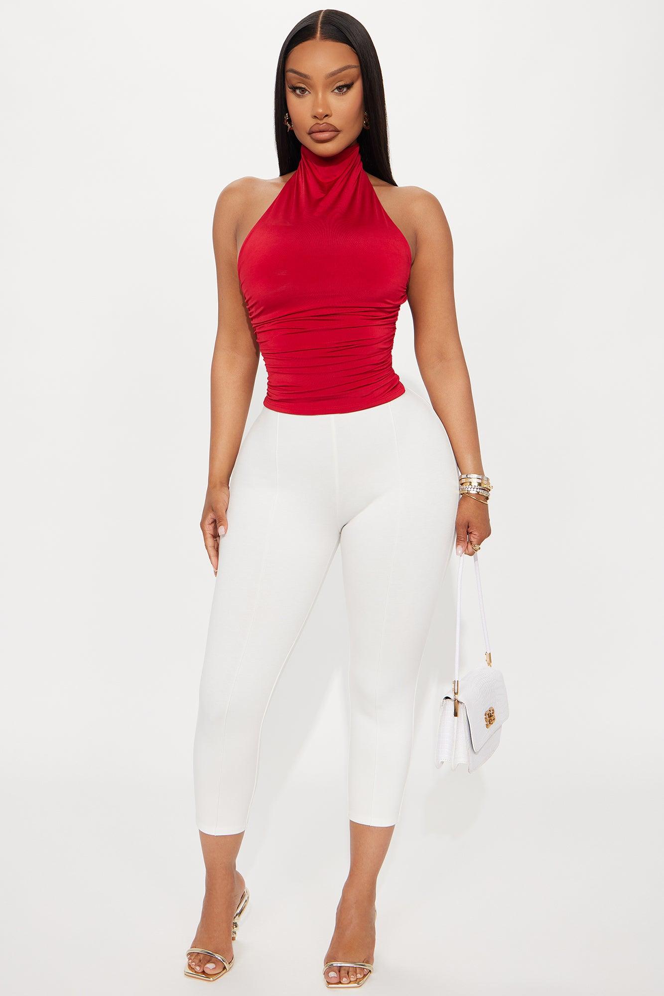 Rhoda Ruched High Neck Halter Top - Red Female Product Image