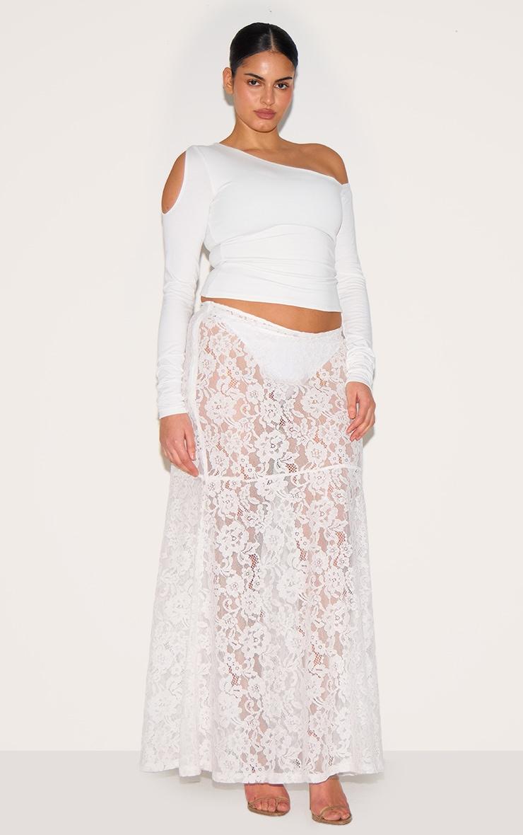 Plus White Floral Lace Sheer Maxi Skirt Product Image