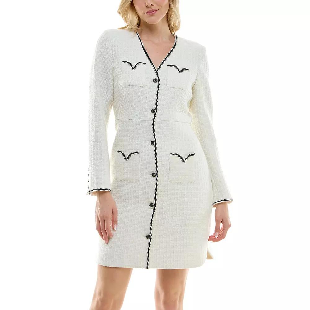 Women's Nicole Miller Braid Trimmed V-Neck Boucle Shirt Dress,  Product Image