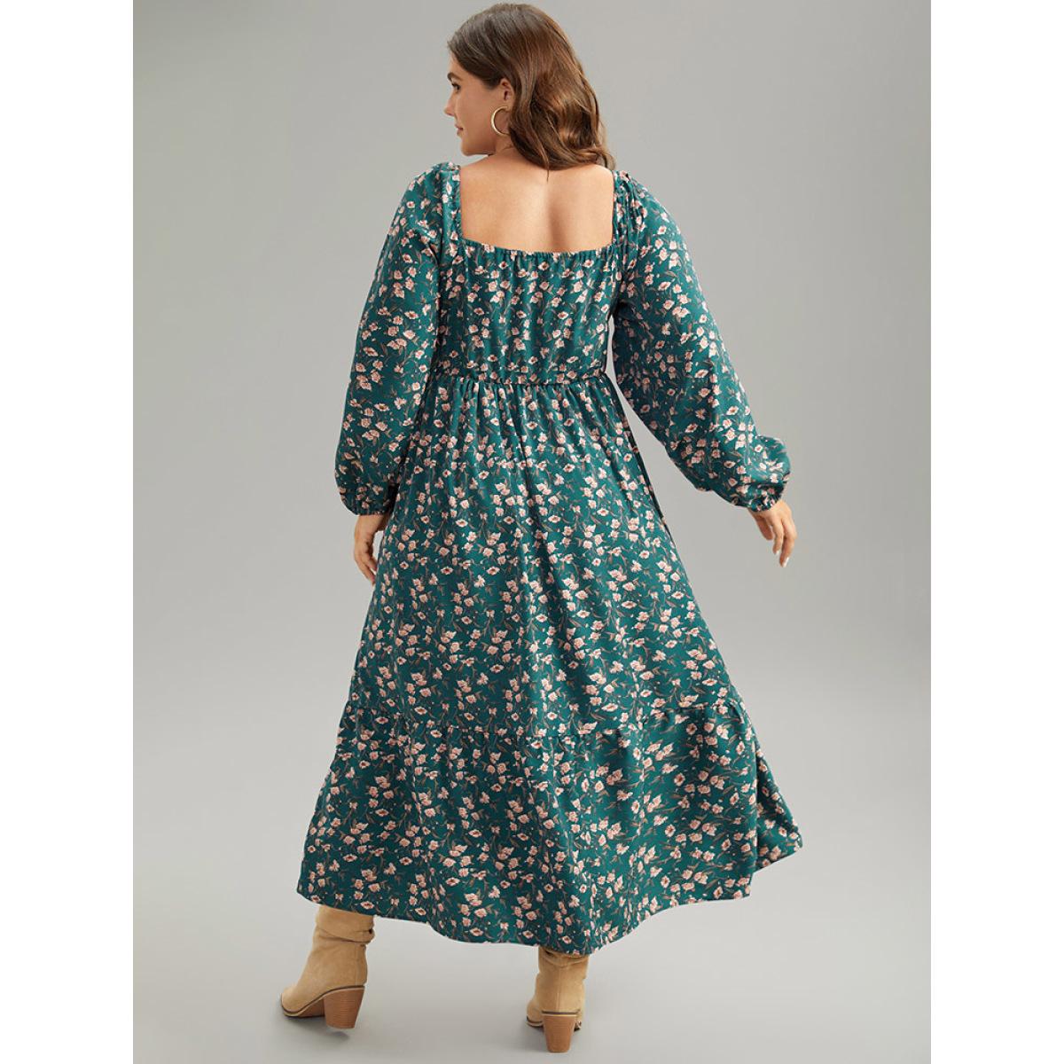 Plus Size Ditsy Floral Square Neck Elastic Waist Ties Dress Teal Women Vacation Elastic cuffs Square Neck Long Sleeve Curvy Midi Dress BloomChic 14-16/1X Product Image