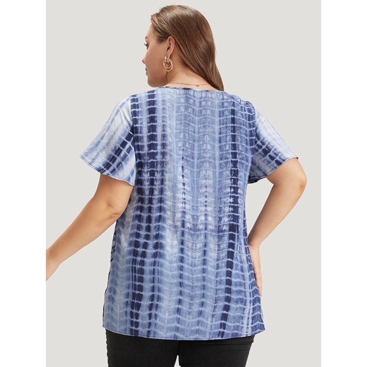 Plus Size Blue Tie Dye Ruffle Sleeve Crew Neck Blouse Women Vacation Short sleeve Round Neck Dailywear Blouses BloomChic 30/6X Product Image