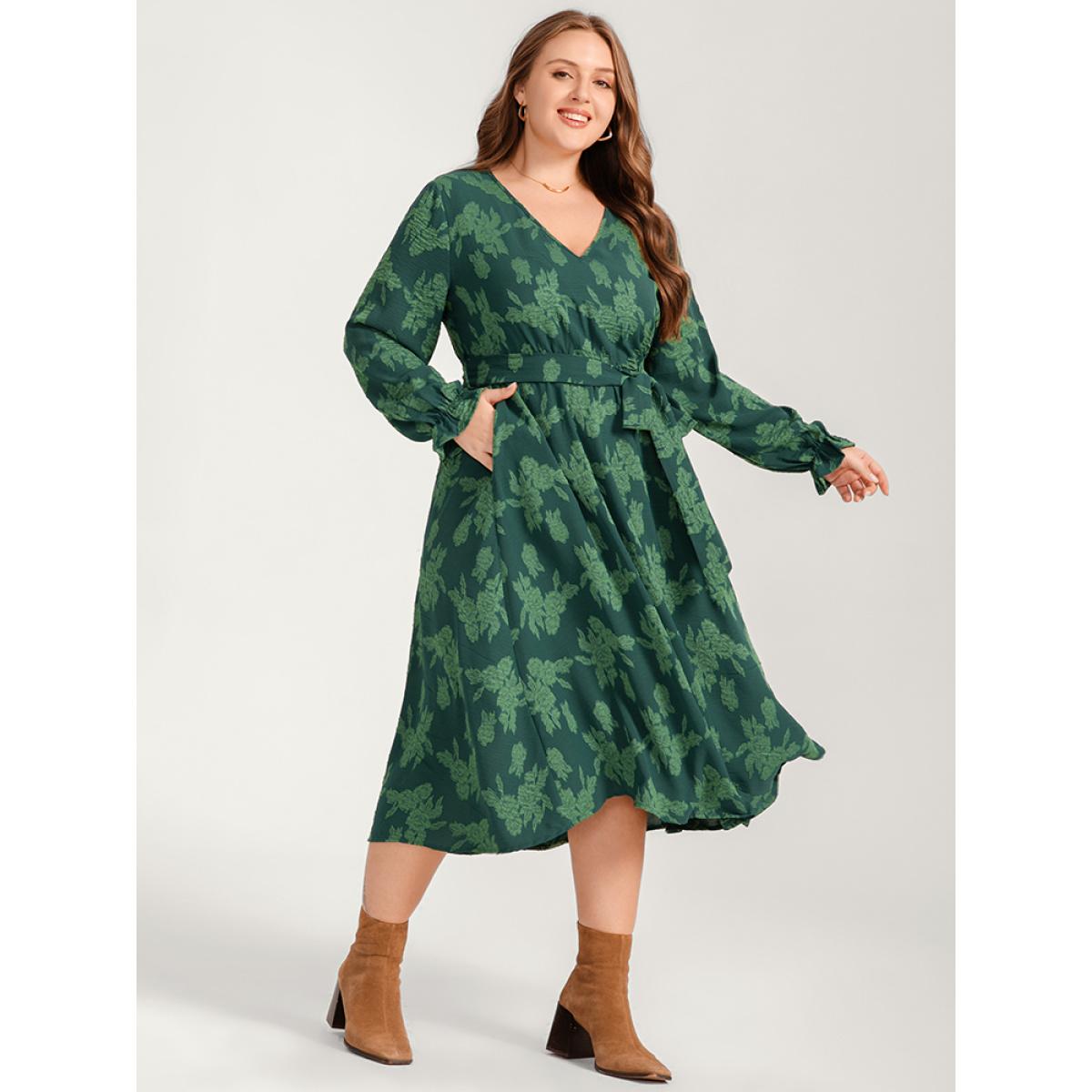 Plus Size Floral Print Lantern Sleeve Pocket Belted Midi Dress Green Women Elegant Pocket V-neck Long Sleeve Curvy Midi Dress BloomChic 18-20/2X Product Image