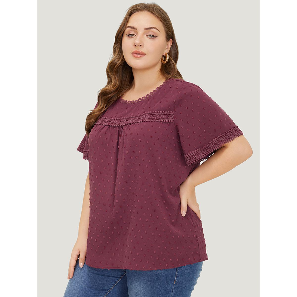 Plus Size RedViolet Polka Dot Gathered Lace Blouse Women Elegant Short sleeve Round Neck Dailywear Blouses BloomChic 10/M Product Image