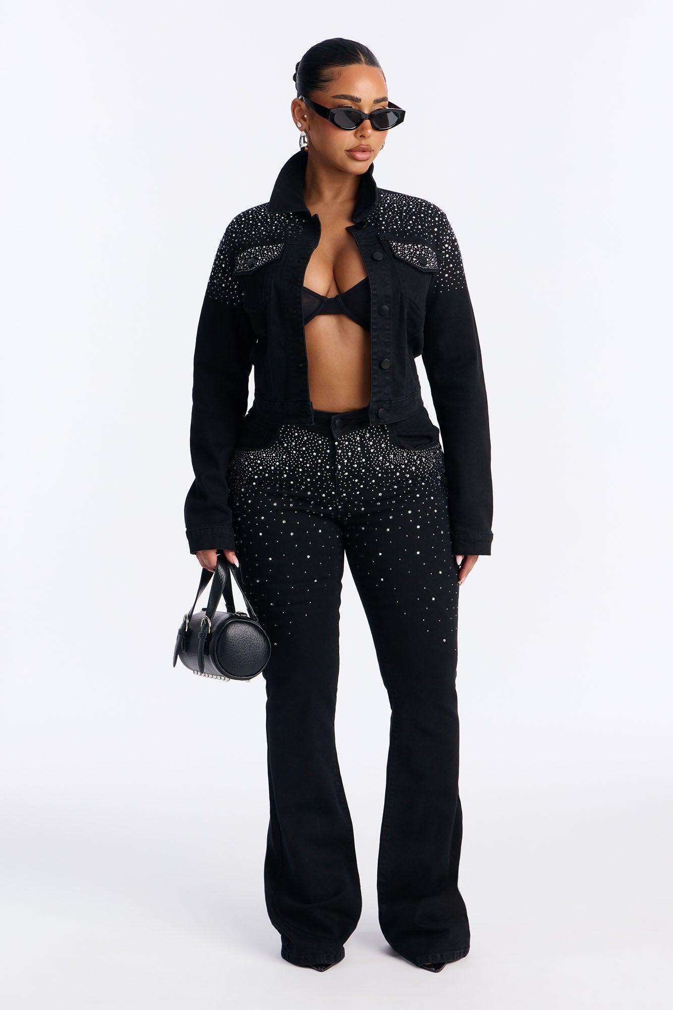 Two-Step Embellished Stretch Denim Jacket - Black Wash Female Product Image