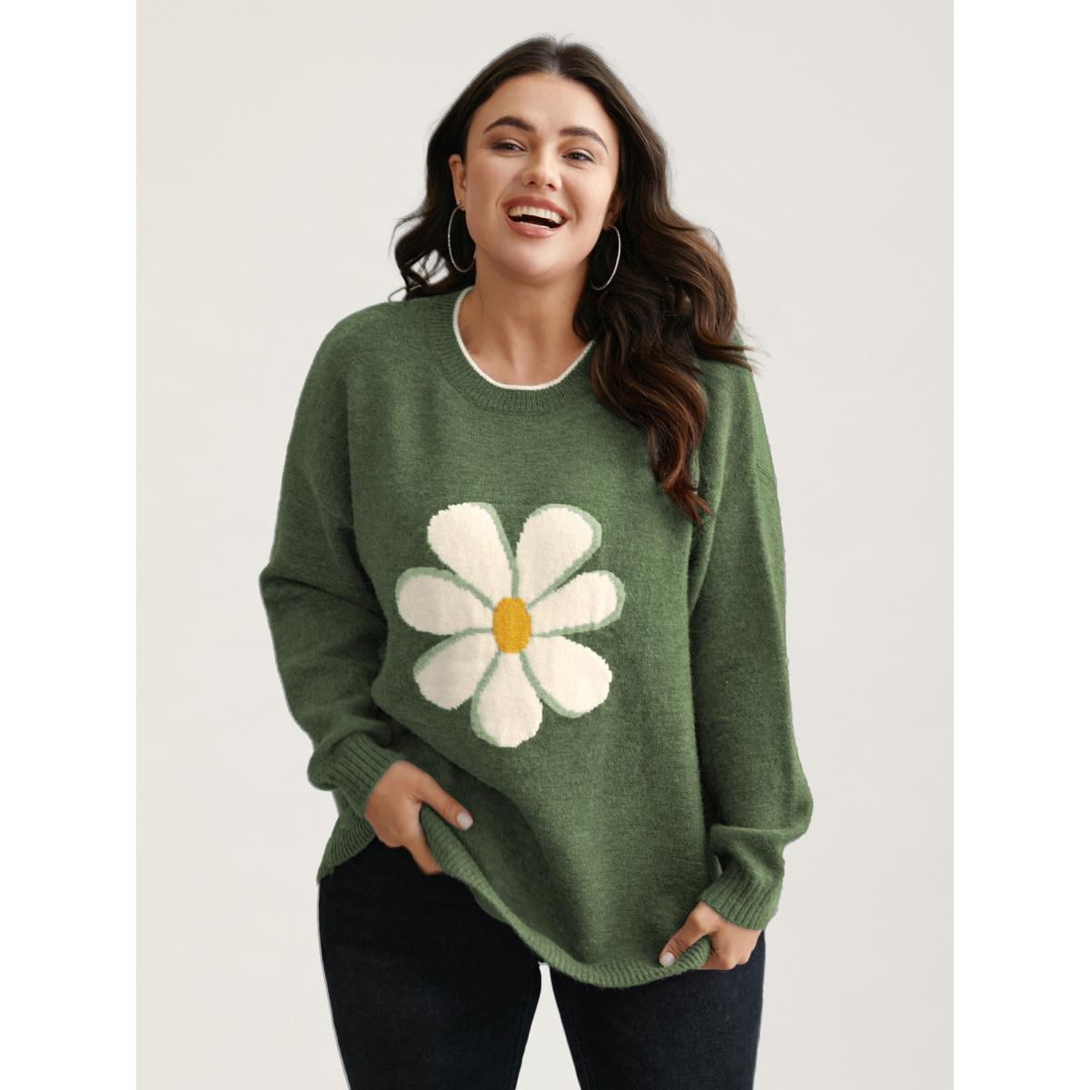 Plus Size Floral Textured Crew Neck Pullover DarkGray Women Playful Loose Long Sleeve Round Neck Casual Pullovers BloomChic 22-24/3X Product Image