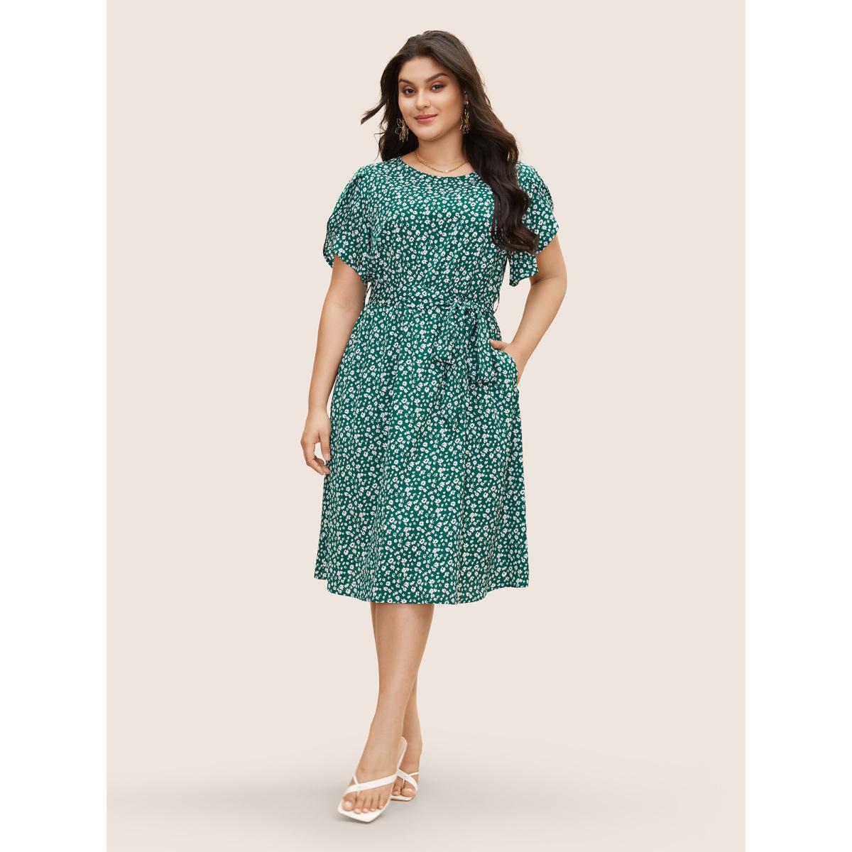 Plus Size Tulip Sleeved Round Neck Midi Dress Teal Women Elegant Belted Round Neck Short sleeve Curvy BloomChic 18-20/2X Product Image