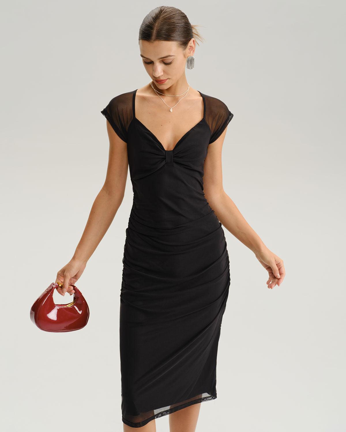 Black V Neck Mesh Midi Dress Product Image